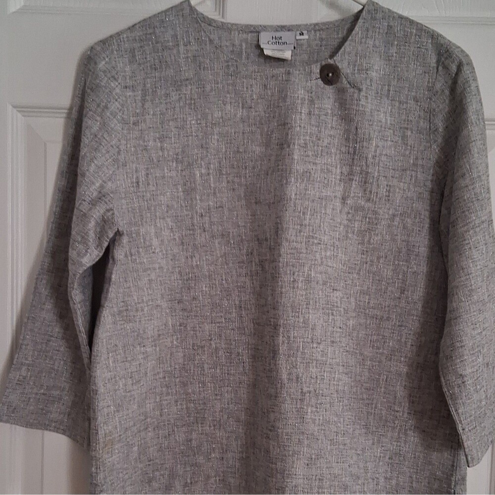 Hot Cotton Linen Blouse Top Gray Lagenlook Asymmetric Button Tunic EUC Size M